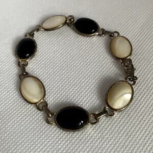Vintage Sterling Silver Onyx & Mother of Pearl Bracelet 925 SU Thailand